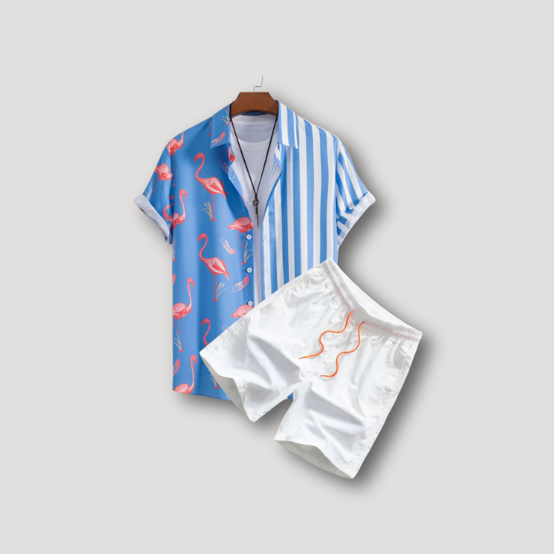 2 Piece Sets Flamingo Stripe Button Up Shirt