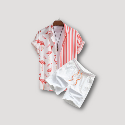 2 Piece Sets Flamingo Stripe Button Up Shirt