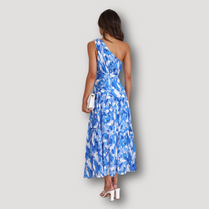 High Waist Floral Print Maxi One Shoulder Dress