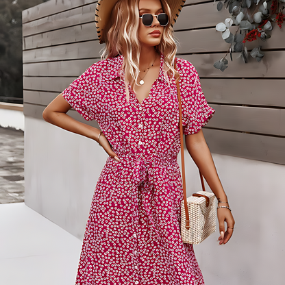 Floral Button Down Short Sleeve Collar Midi Dress