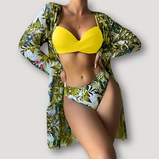 3 Piece Tropical Print Cover Up Bikini Set Swimwear Sale