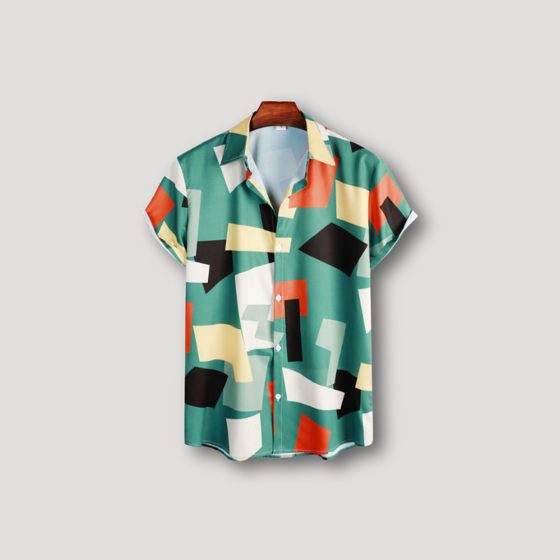 Geometric Color Blocked Button Up Shirt Short Sleeve