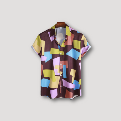 Geometric Color Blocked Button Up Shirt Short Sleeve