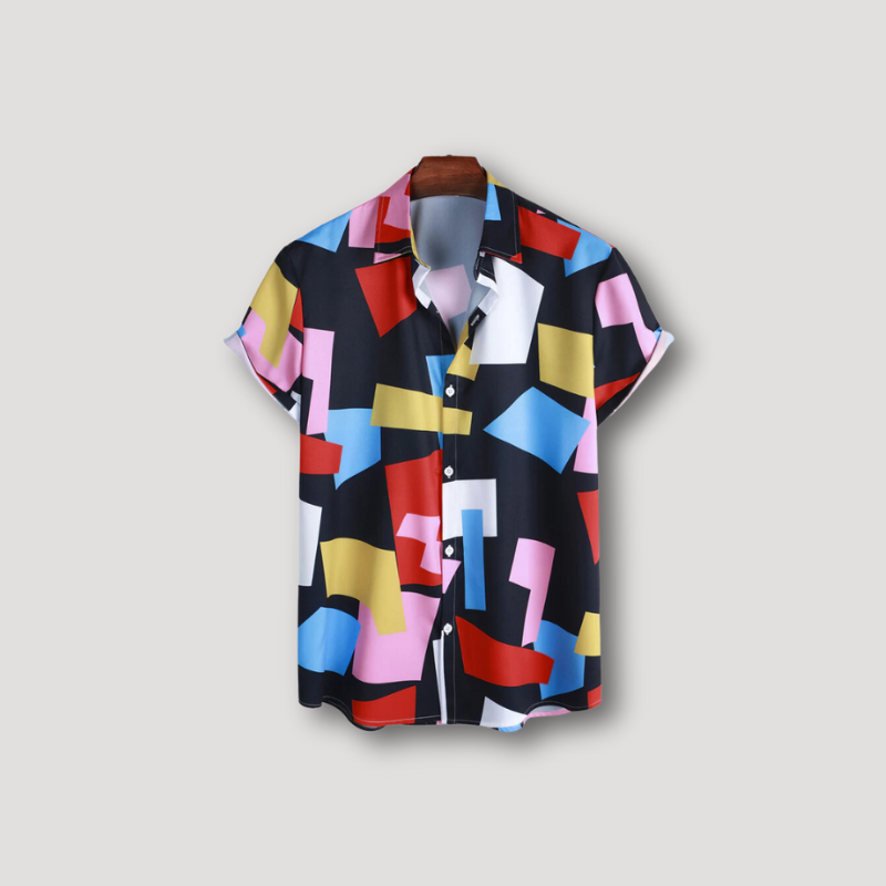 Geometric Color Blocked Button Up Shirt Short Sleeve