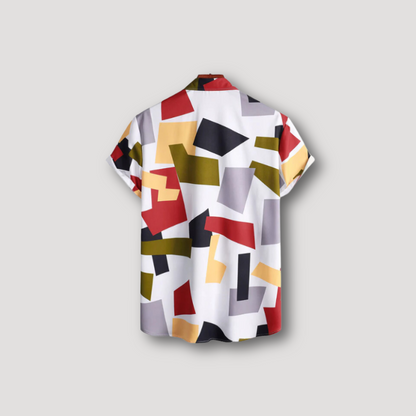 Geometric Color Blocked Button Up Shirt Short Sleeve