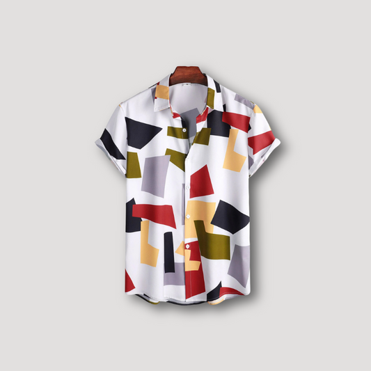 Geometric Color Blocked Button Up Shirt Short Sleeve