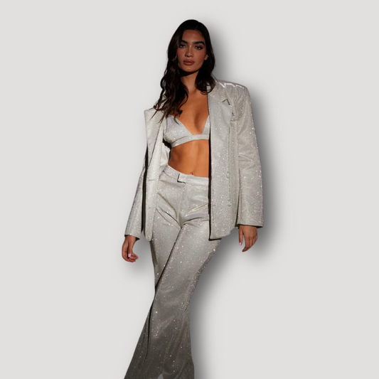 Sequins Silver Blazer, Bra and High Waisted Pants Three Piece Suit Women