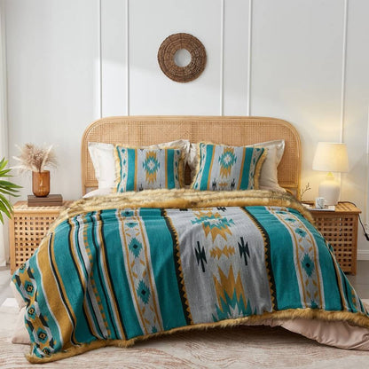 Aztec Faux Fur Blanket - Turquoise & Gold | Cozy Throw