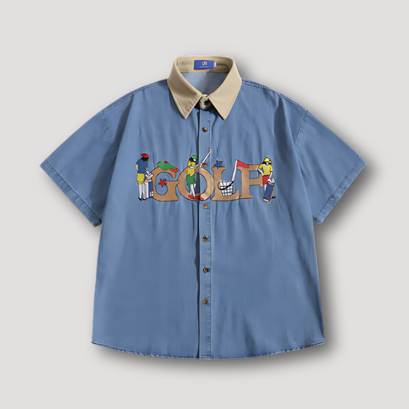 GOLF Letter Embroidery Oversized Blue Denim Shirt for Man