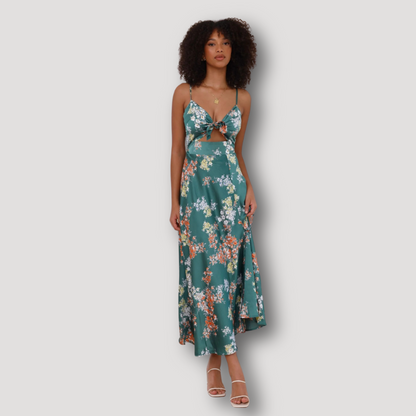 Green Floral Knot Front Cut Out Satin Midi Dress Australia