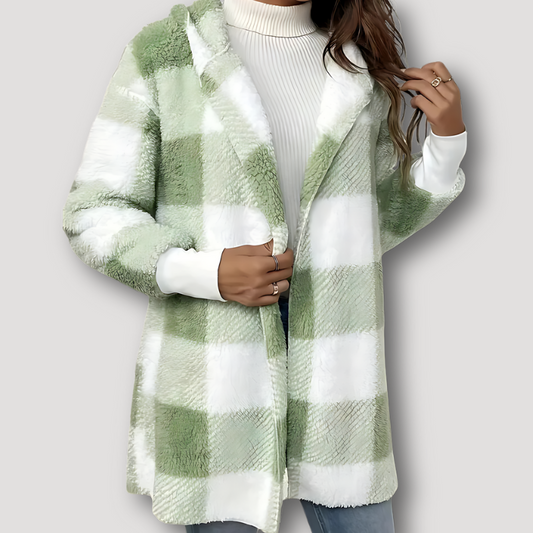 Green Checked Pattern Hooded Fleece Jacket Ladies