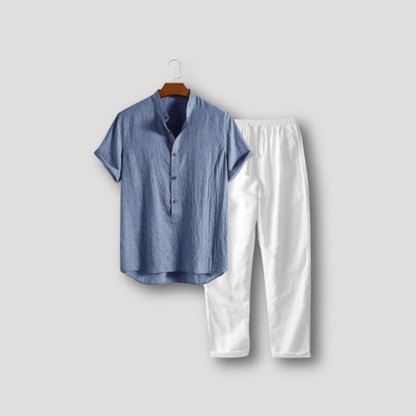 Half Button Up Henley Shirt Linen Pants 2 Piece Sets