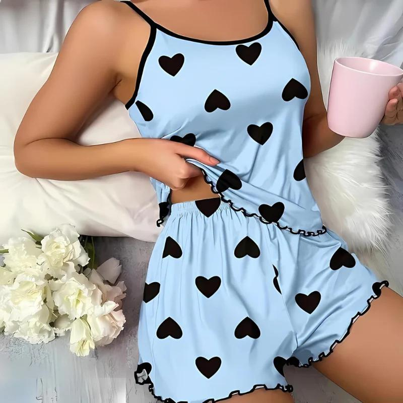 Black Heart Print Ruffle Hem Pajama Set Summer Outfit Sleepwear