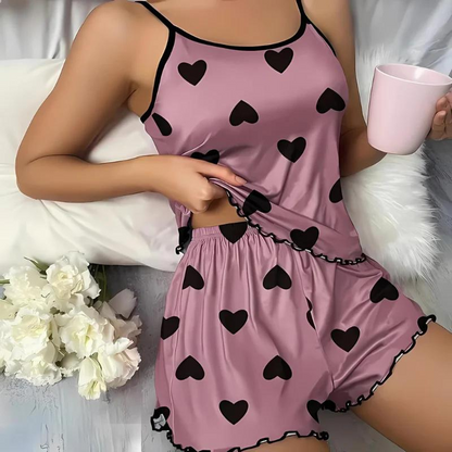 Black Heart Print Ruffle Hem Pajama Set Summer Outfit Sleepwear