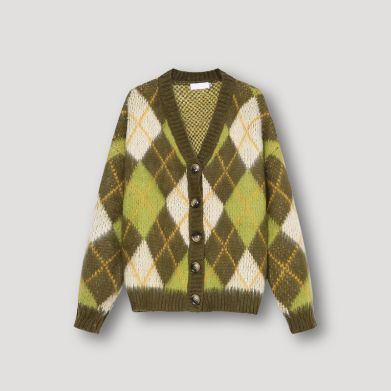 Argyle Patterned Oversized Cardigan Sweater Mens