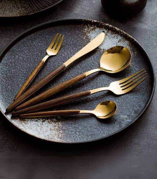 Stainless Steel Cutlery Set – 30 Pieces – With Wood-Style Handles – Polished Finish – Durable Tableware