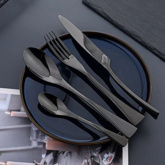 Black Stainless Steel Cutlery Set – Elegant Tableware – 24/42/48/84 Pieces – Durable & Dishwasher Safe