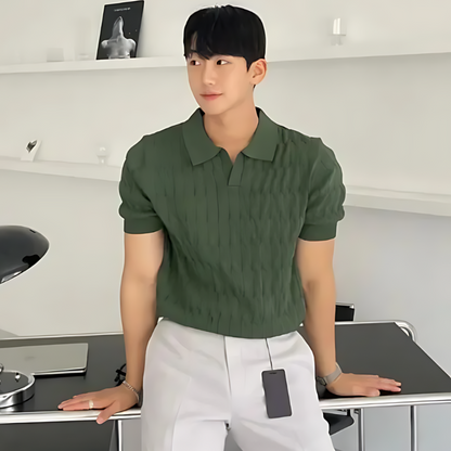 Short Sleeve Cable Knit V-Neck Polo Shirts Korean Style Man