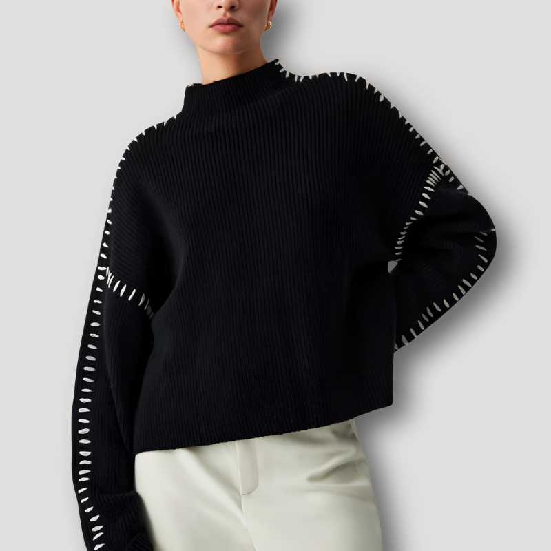 Wool Knitted White Stitch Black Sweater