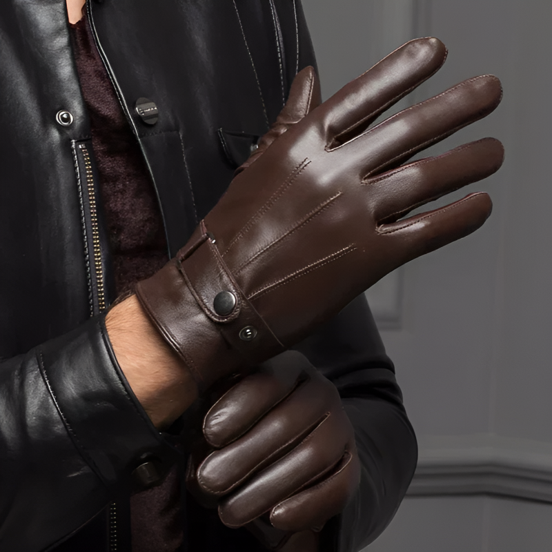 Snap Button Brown Leather Gloves for Men