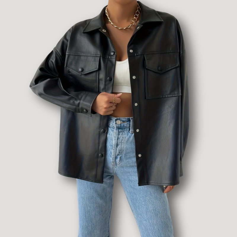 Oversized Black Faux Leather Jacket for Woman