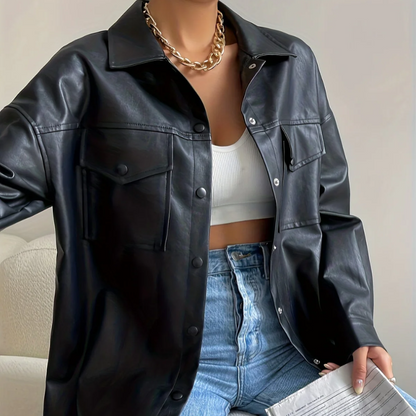 Oversized Black Faux Leather Jacket for Woman