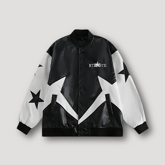 Star Patches White Sleeve Faux Black Leather Jacket