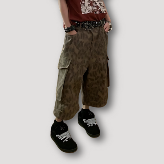 Leopard Print Wide Leg Cargo Long Shorts Women