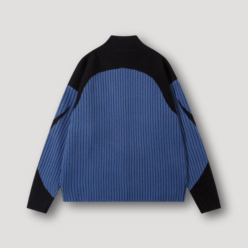 Color Blocked Pinstripe Rib Knitted Turtleneck Men Cardigan Sweater