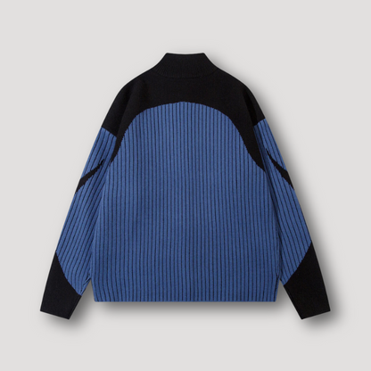 Color Blocked Pinstripe Rib Knitted Turtleneck Men Cardigan Sweater