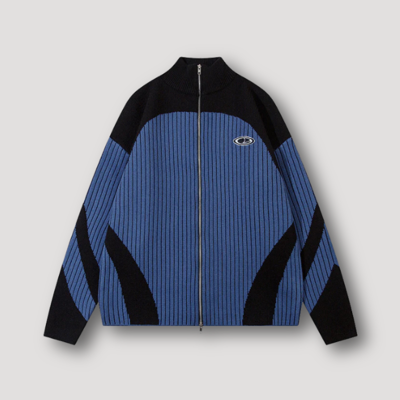 Color Blocked Pinstripe Rib Knitted Turtleneck Men Cardigan Sweater