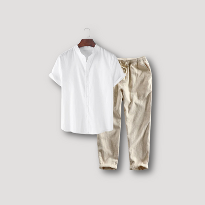 Summer Set White Button Up Henley Shirt & Linen Pants on Men