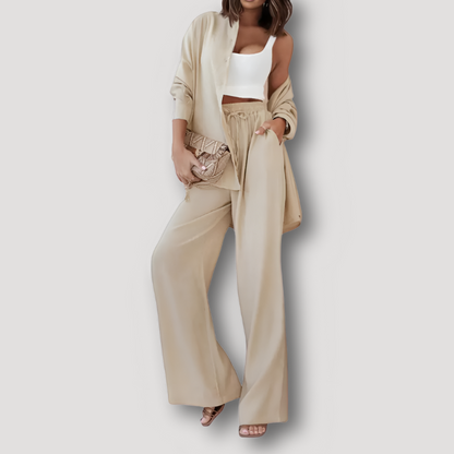 Button Up Shirt And Wide Leg Pants Linen Set Women