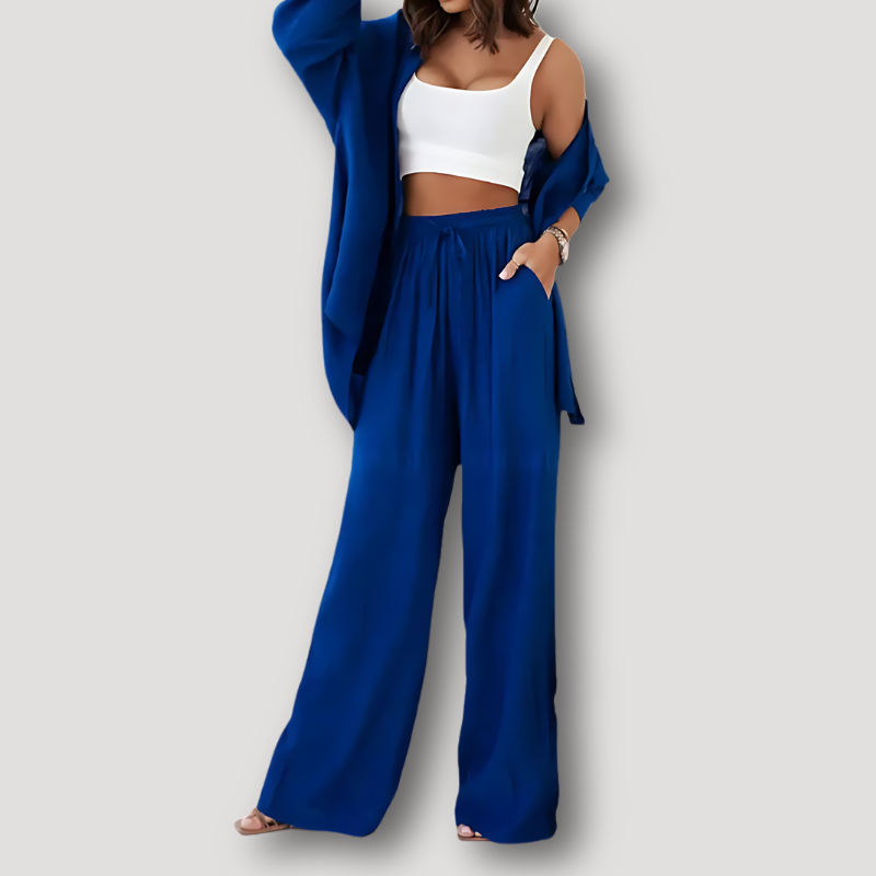 Button Up Shirt And Wide Leg Pants Linen Set Women