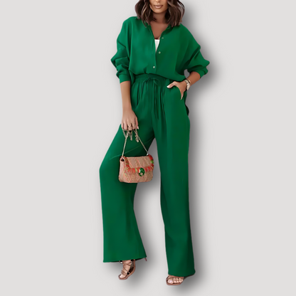 Button Up Shirt And Wide Leg Pants Linen Set Women