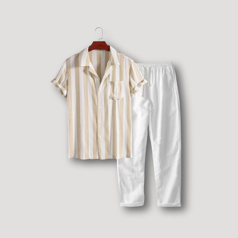 Striped Cuban Collar Shirt & Linen Pants on Men Summer Set