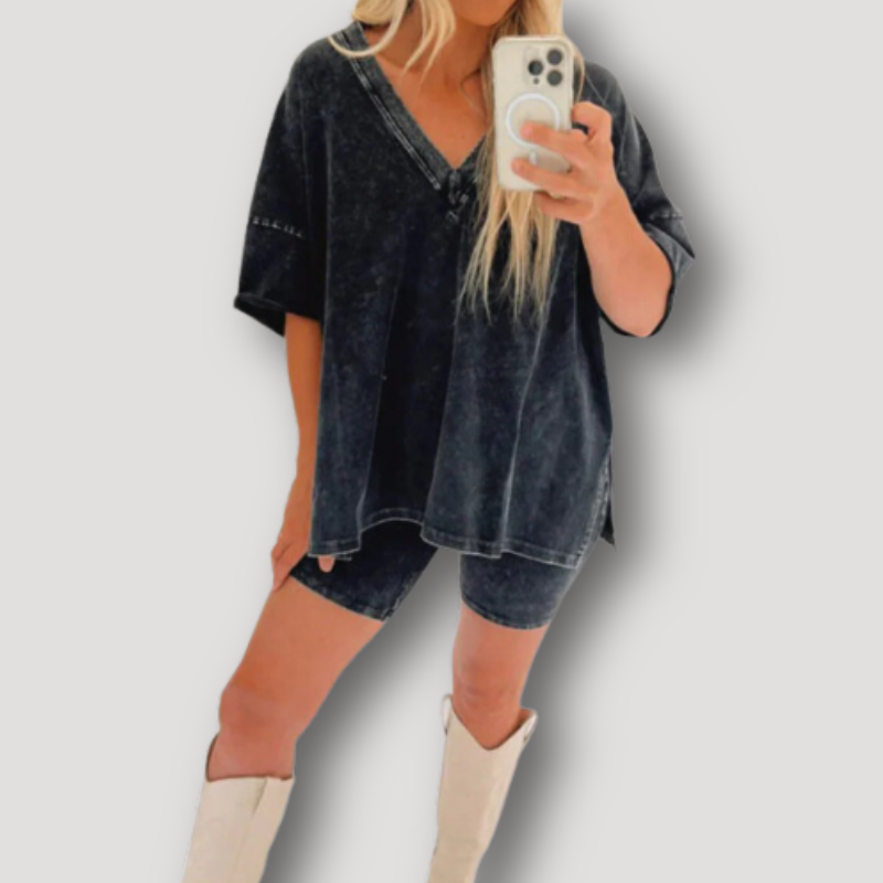 Washed Women Oversized T Shirt and Slim Fitted Shorts Summer Set