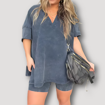 Washed Women Oversized T Shirt and Slim Fitted Shorts Summer Set