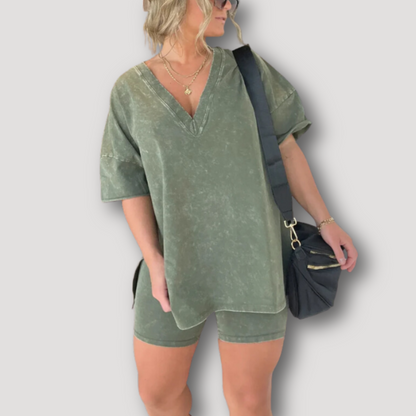 Washed Women Oversized T Shirt and Slim Fitted Shorts Summer Set