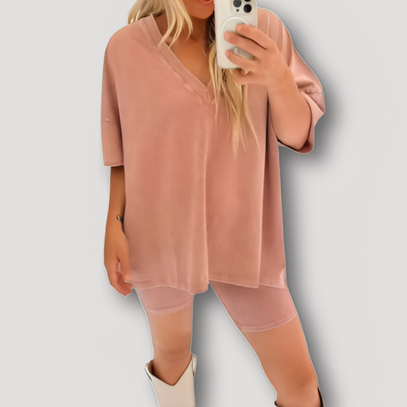 Washed Women Oversized T Shirt and Slim Fitted Shorts Summer Set