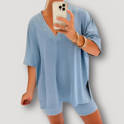 Washed Women Oversized T Shirt and Slim Fitted Shorts Summer Set