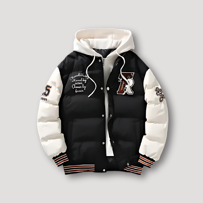 TR Embroidered Varsity Padded Puffer Jacket Hoodie