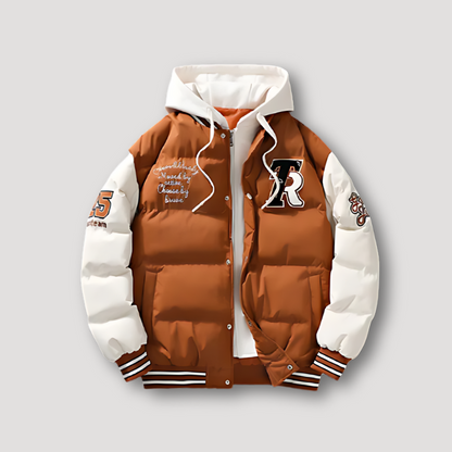 TR Embroidered Varsity Padded Puffer Jacket Hoodie