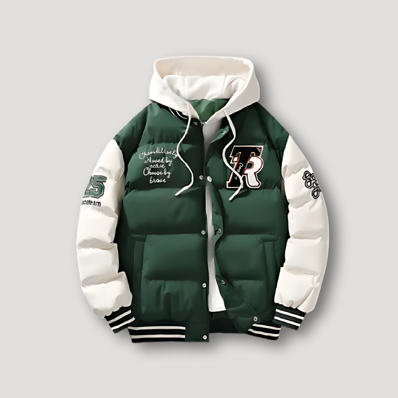 TR Embroidered Varsity Padded Puffer Jacket Hoodie