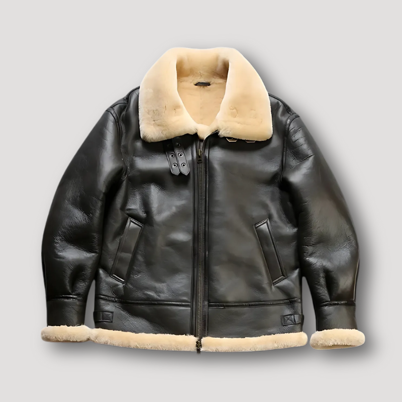 Faux Fur Collar Black Leather Aviator Jacket for Man