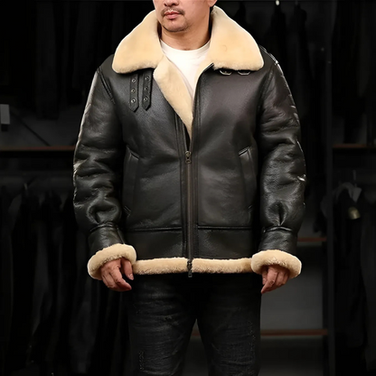 Faux Fur Collar Black Leather Aviator Jacket for Man