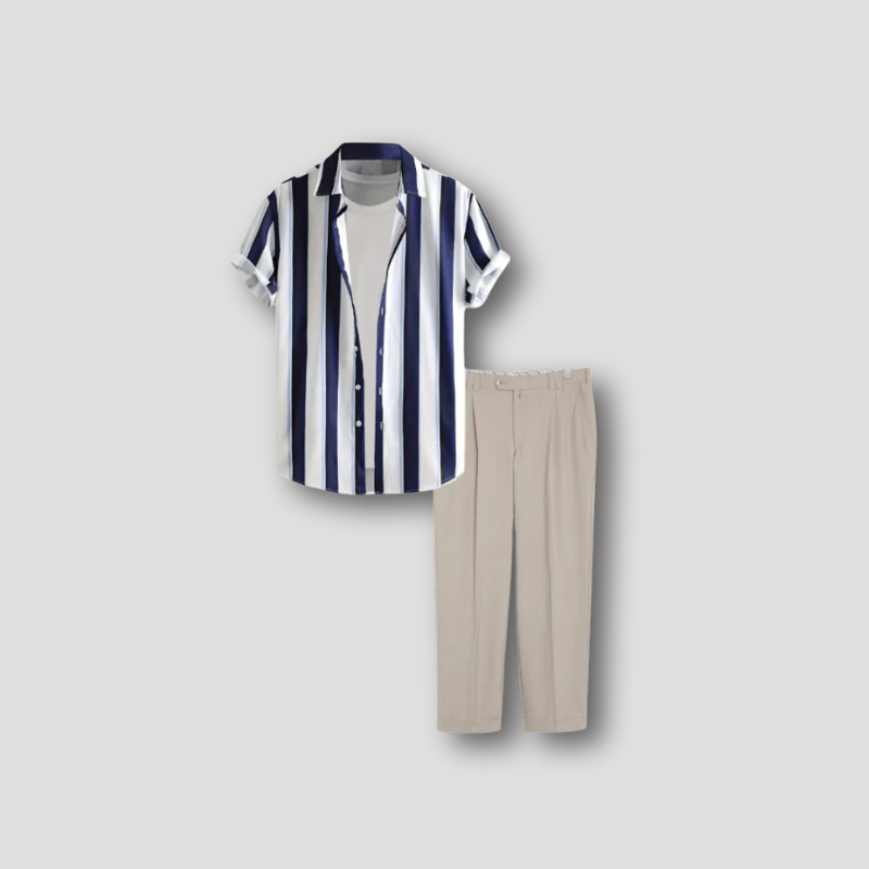 Short Sleeve Blue Striped Shirt and Pants Set