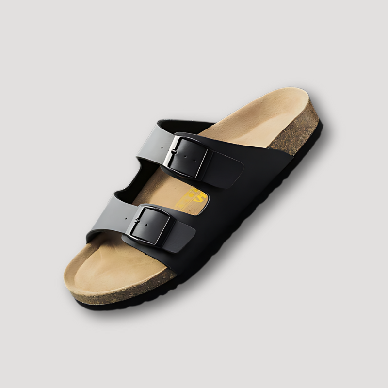 Double Buckle Leather Strap Cork Sandals