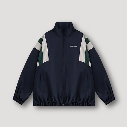 Navy Blue Color Blocked Full Zip Oversized Windbreaker Jacket