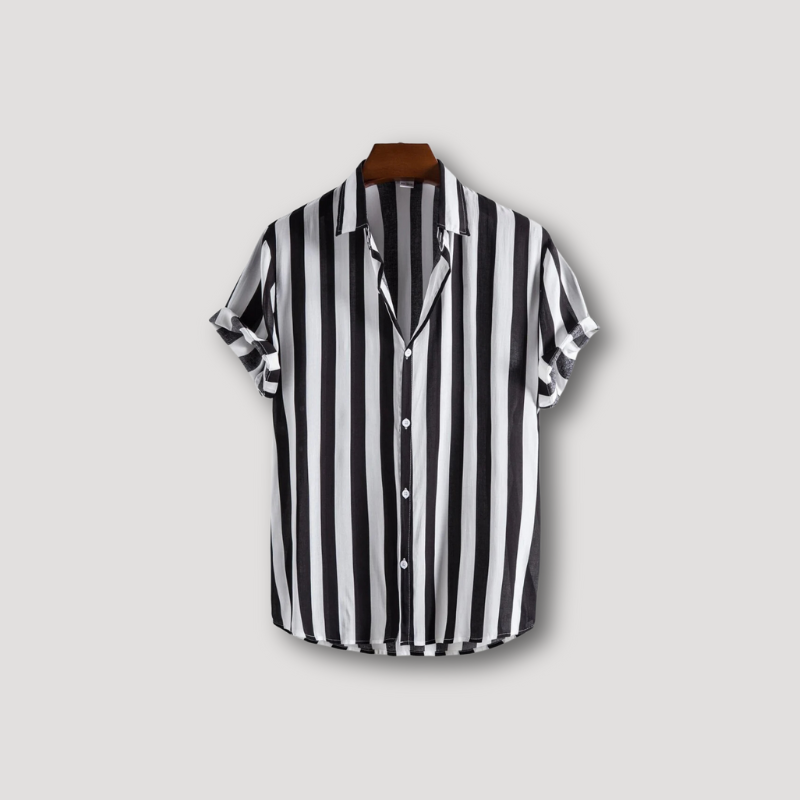 Vintage Vertical Stripe Button Up Short Sleeve Shirt Man